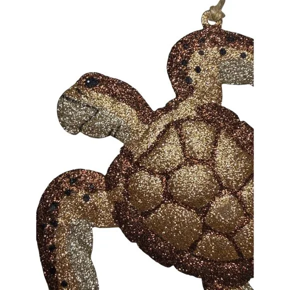 Glittery Sea Turtle Hanging Ornament 5" Gold & Brown Coastal Decor Metal - Picture 2 of 4